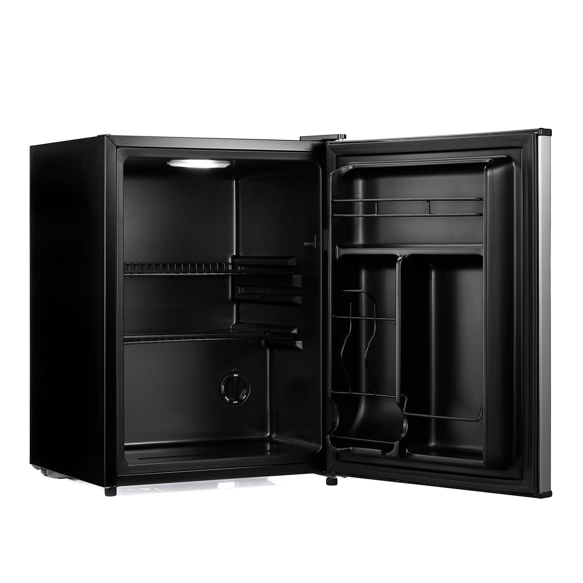 Black beer fridge with open door and removable shelves, front view