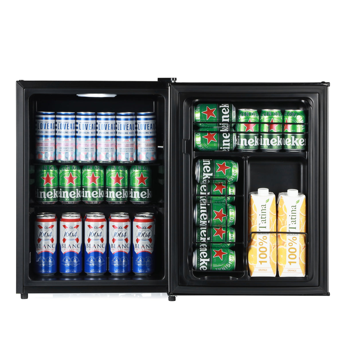 Black beer fridge interior with bottle holder racks, bottles and can storage