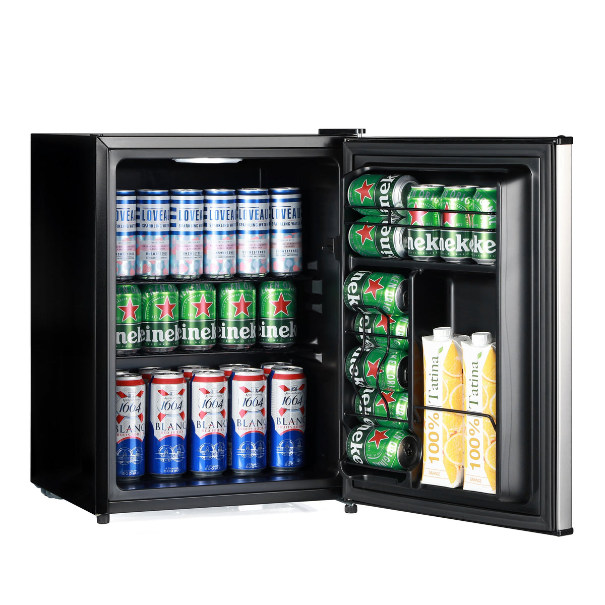 Black beer fridge with open door, stocked with cans and bottles