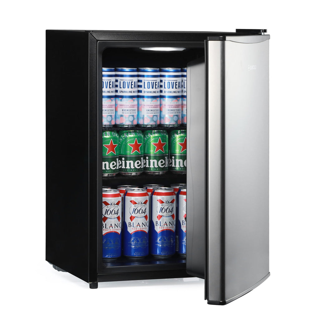 Stainless steel beer fridge with black interior, open door