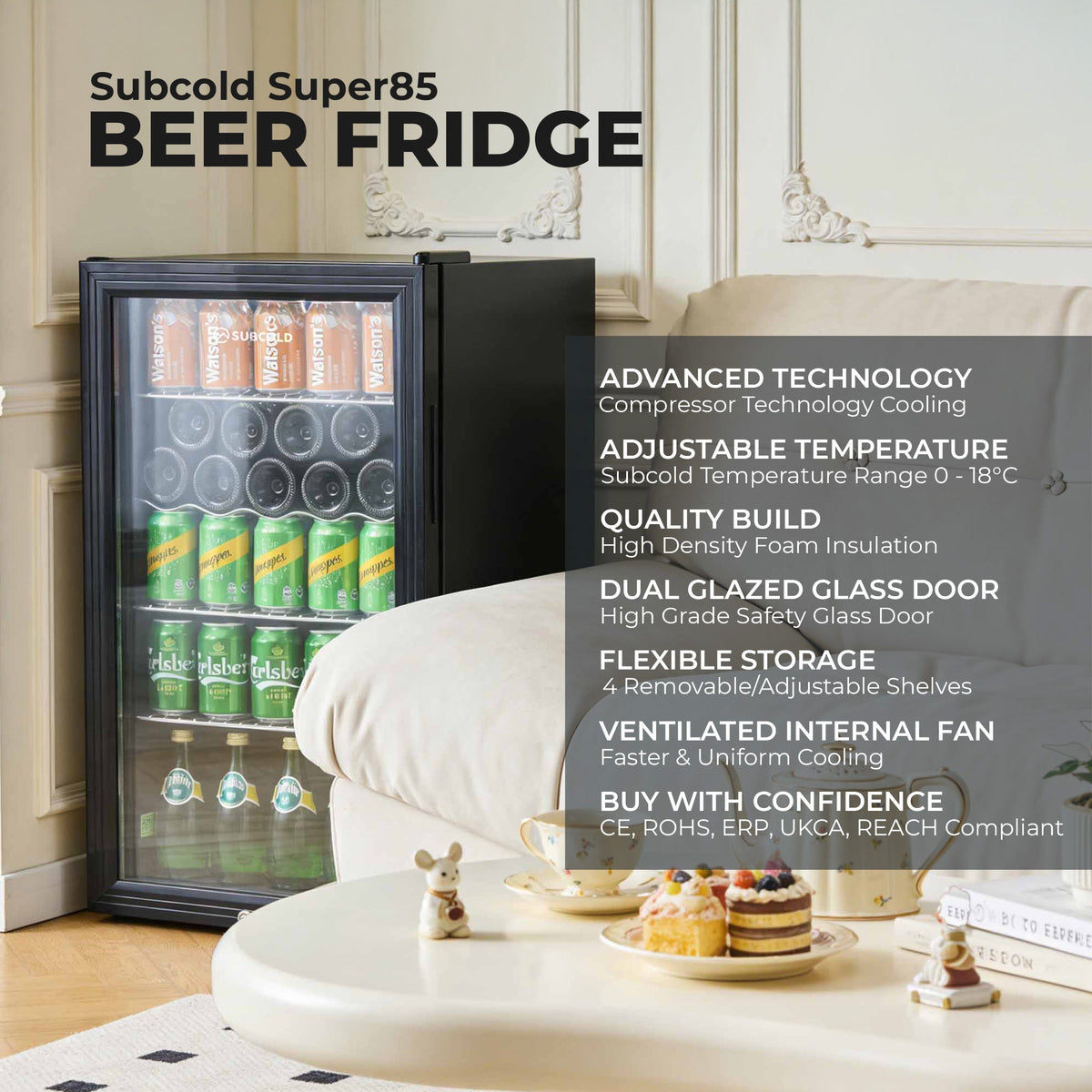 Black beer fridge with glass door and LED-lit shelves, beverage cans inside