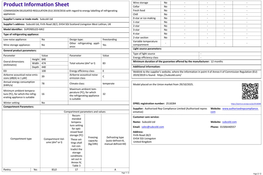 Beer fridge product information sheet with specifications and energy details