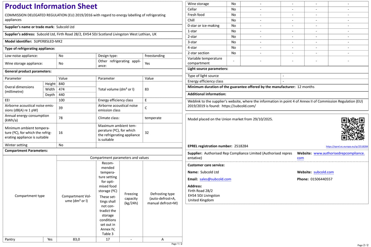 Beer fridge product information sheet with specifications and energy details