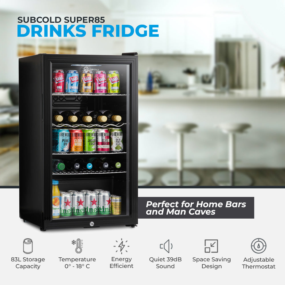 Black beer fridge with glass door and LED-lit interior shelves, front view