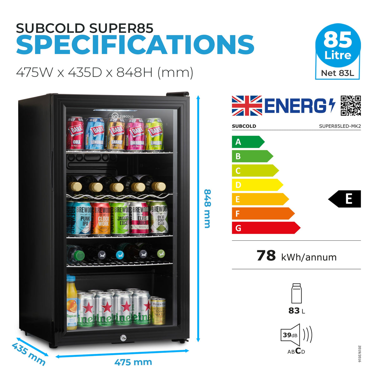 Black beer fridge front with LED-lit shelves and drink cans behind glass door