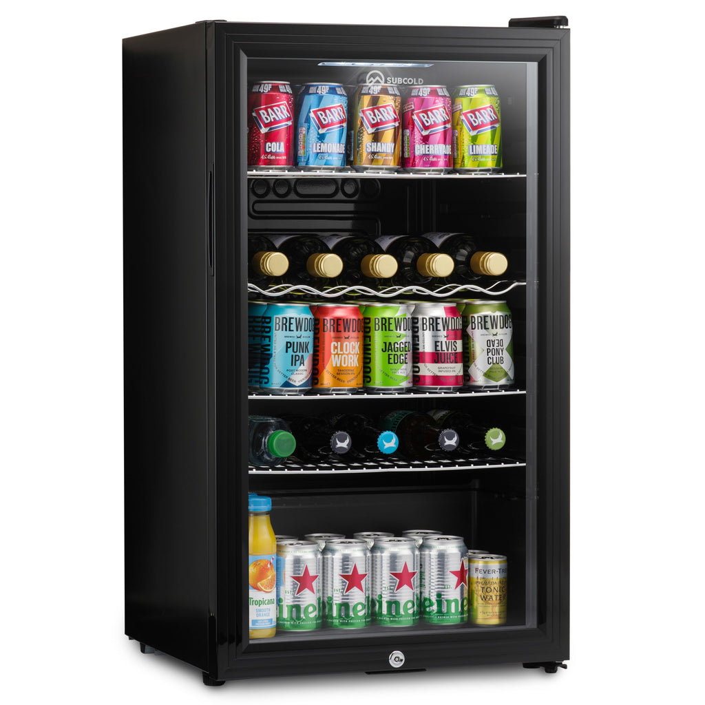 Black beverage fridge with glass door, can and bottle shelves, LED-lit interior