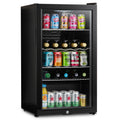 Black beverage fridge with glass door, can and bottle shelves, LED-lit interior