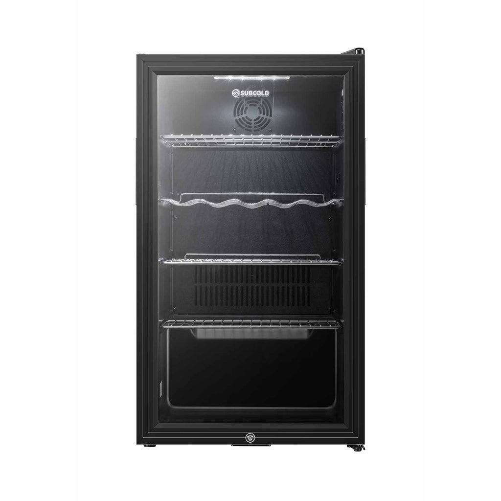 Black LED beer fridge with glass door and wire shelves
