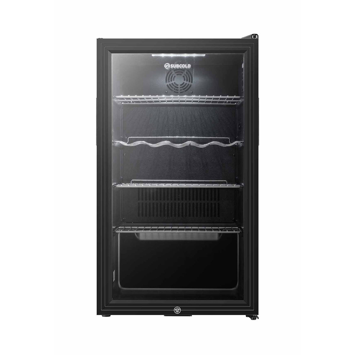 Black LED beer fridge with glass door and wire shelves