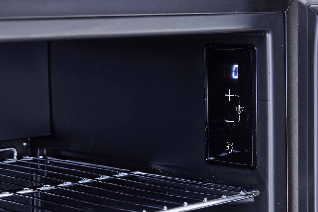 Black beer fridge control panel with digital thermostat display and buttons