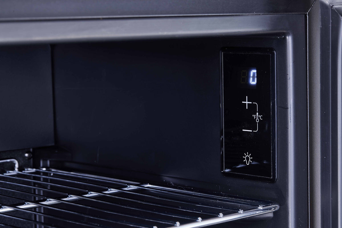 Black beer fridge control panel with digital thermostat display and buttons