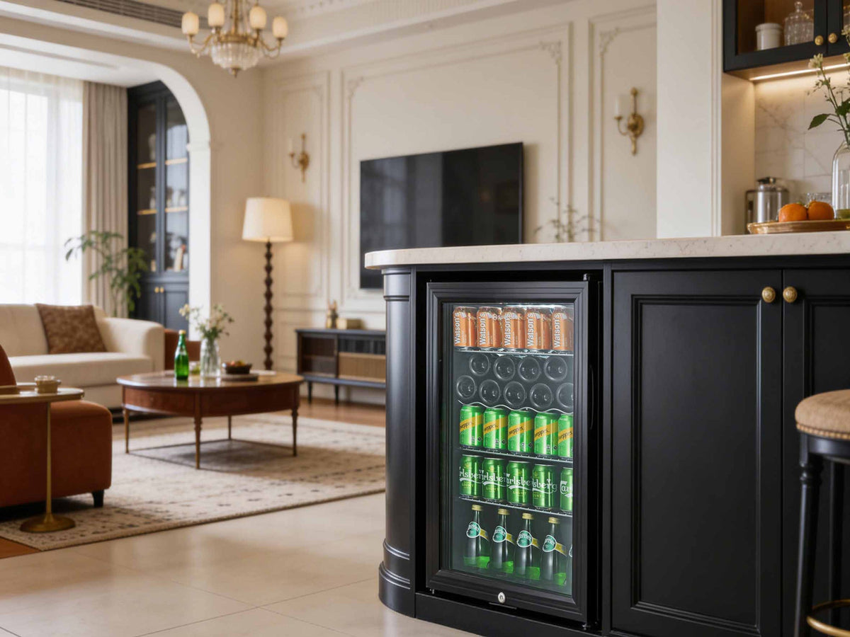 Black beer fridge with glass door and LED-lit cans, standing in a living room