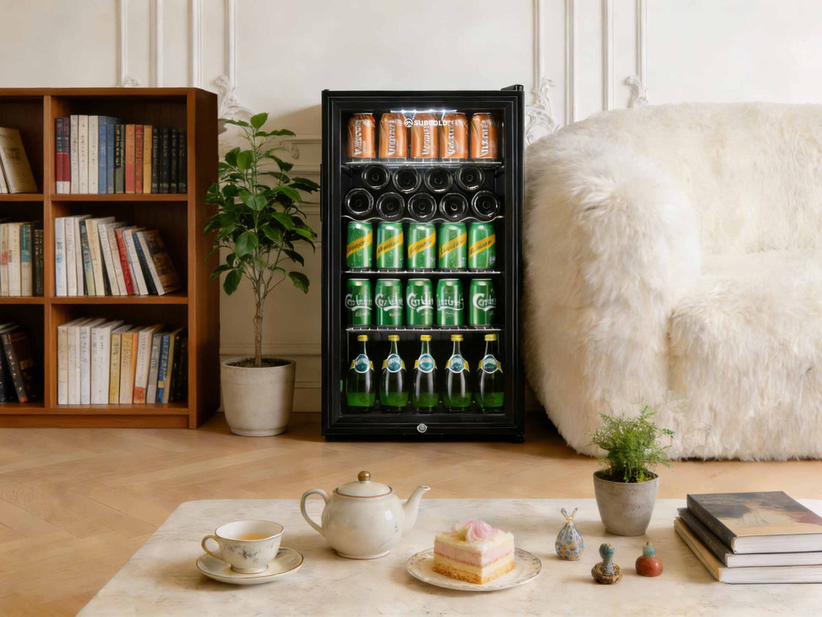 Black LED beer fridge with open door, cans on shelves and bottle holders