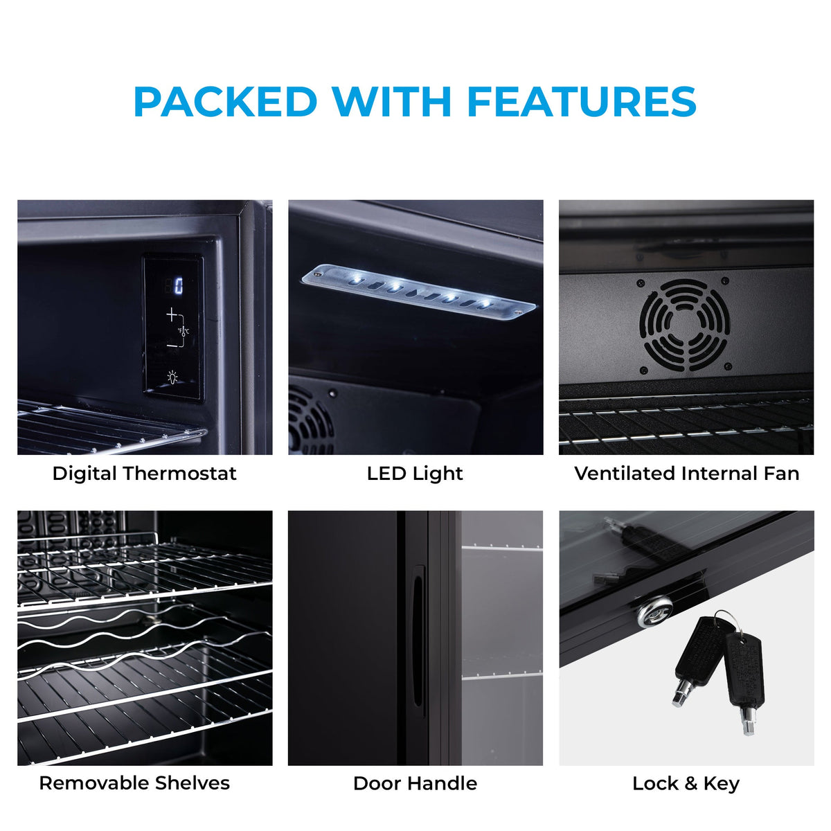 Beer fridge feature collage: digital thermostat, LED light, internal fan, shelves, lock