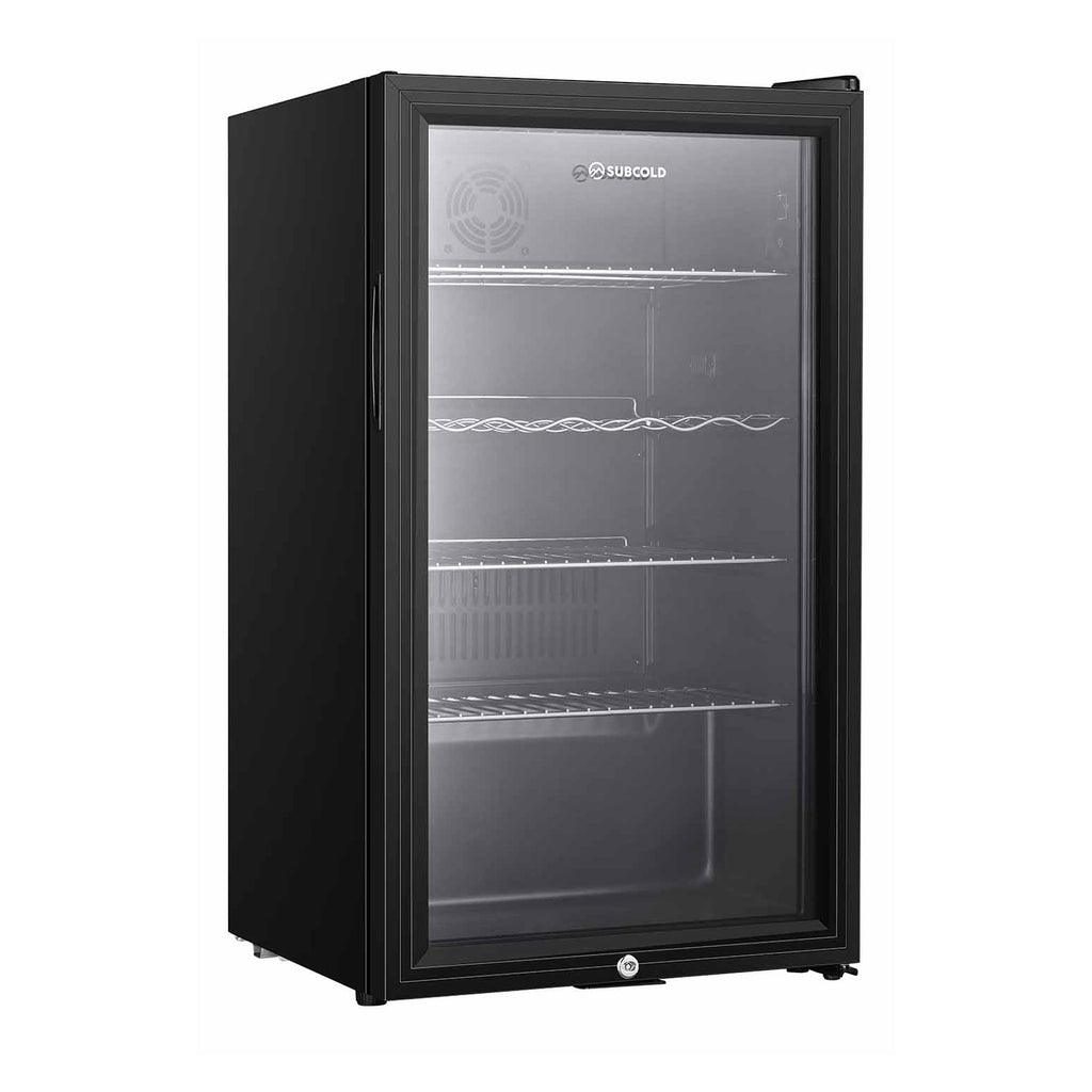 Black beer fridge with closed glass door and LED-lit shelves for drinks