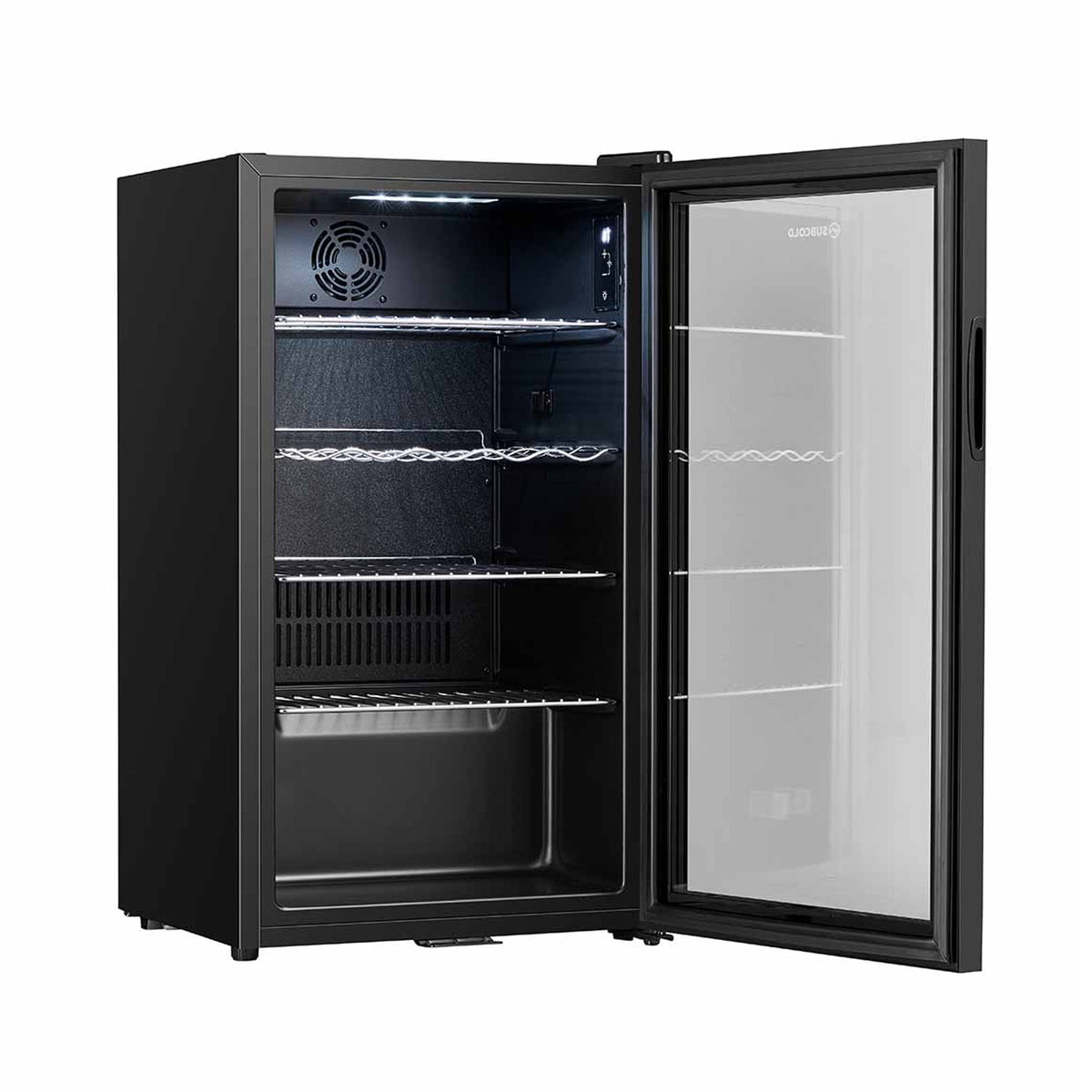 Black beer fridge with open door showing wire racks and interior fan vent