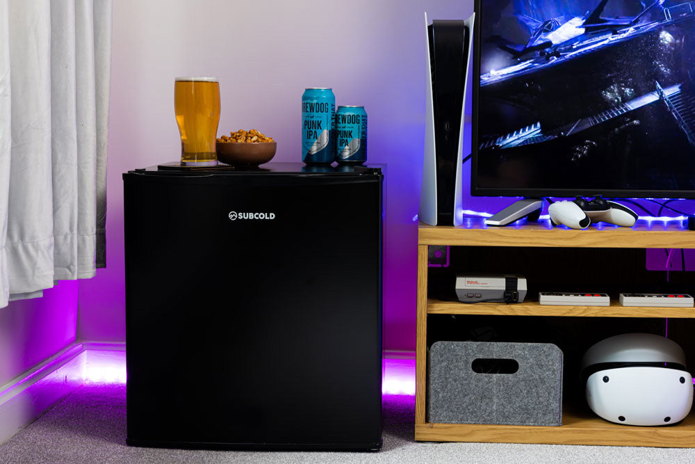 Black beer fridge with front display, standing unit for bottles and cans