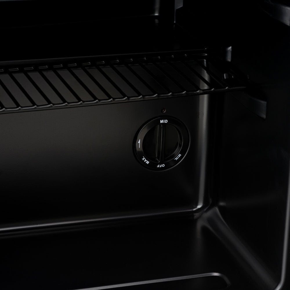 Black beer fridge thermostat dial and internal shelves