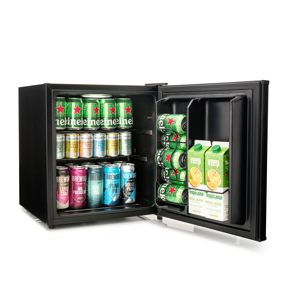 Black solid-door beer fridge, open interior with bottles and cans on shelves