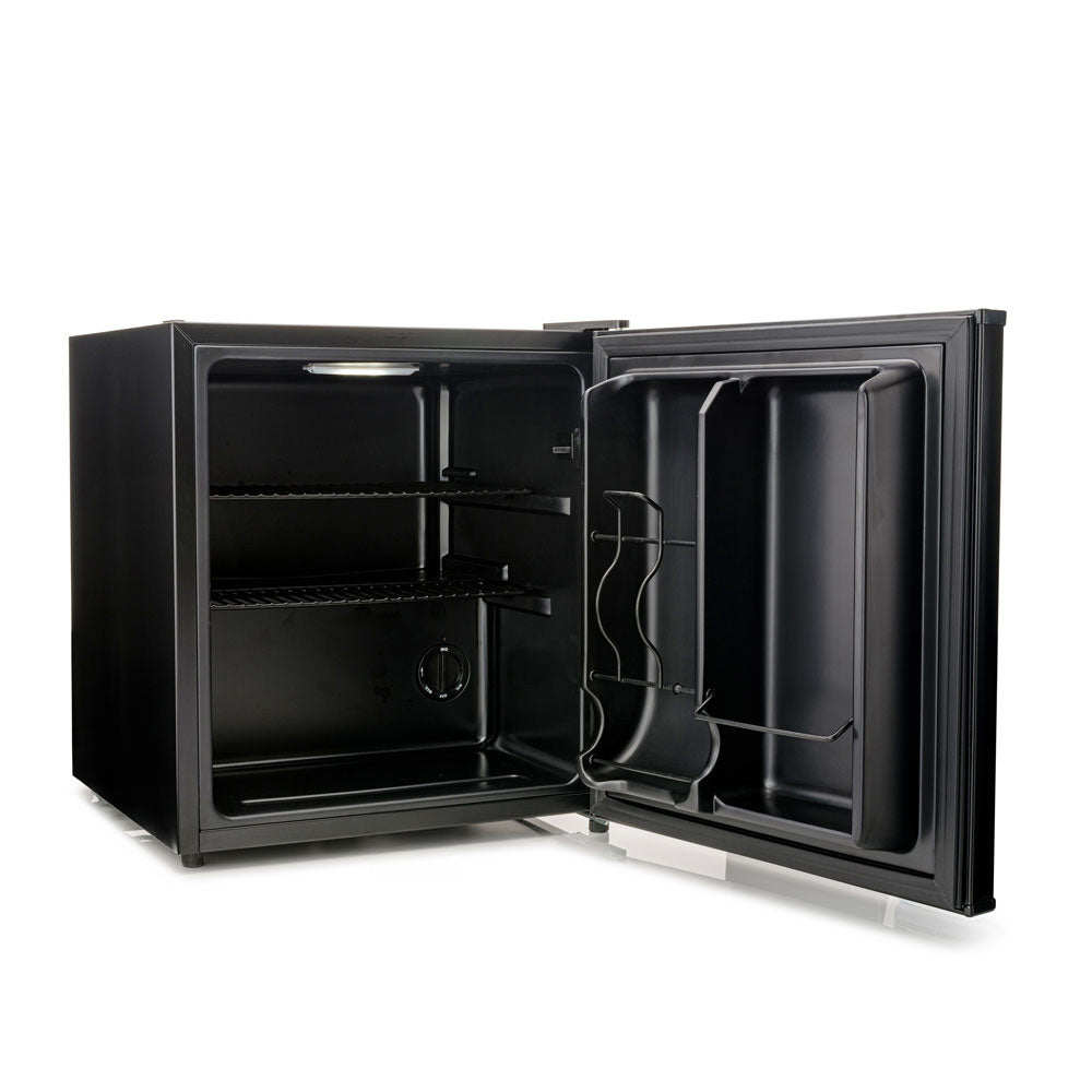 Black solid-door beer fridge with door open, empty shelves and bottle rack