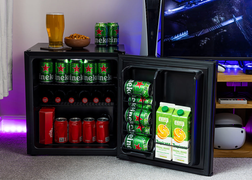 Black solid-door beer fridge with open door showing cans and bottles inside