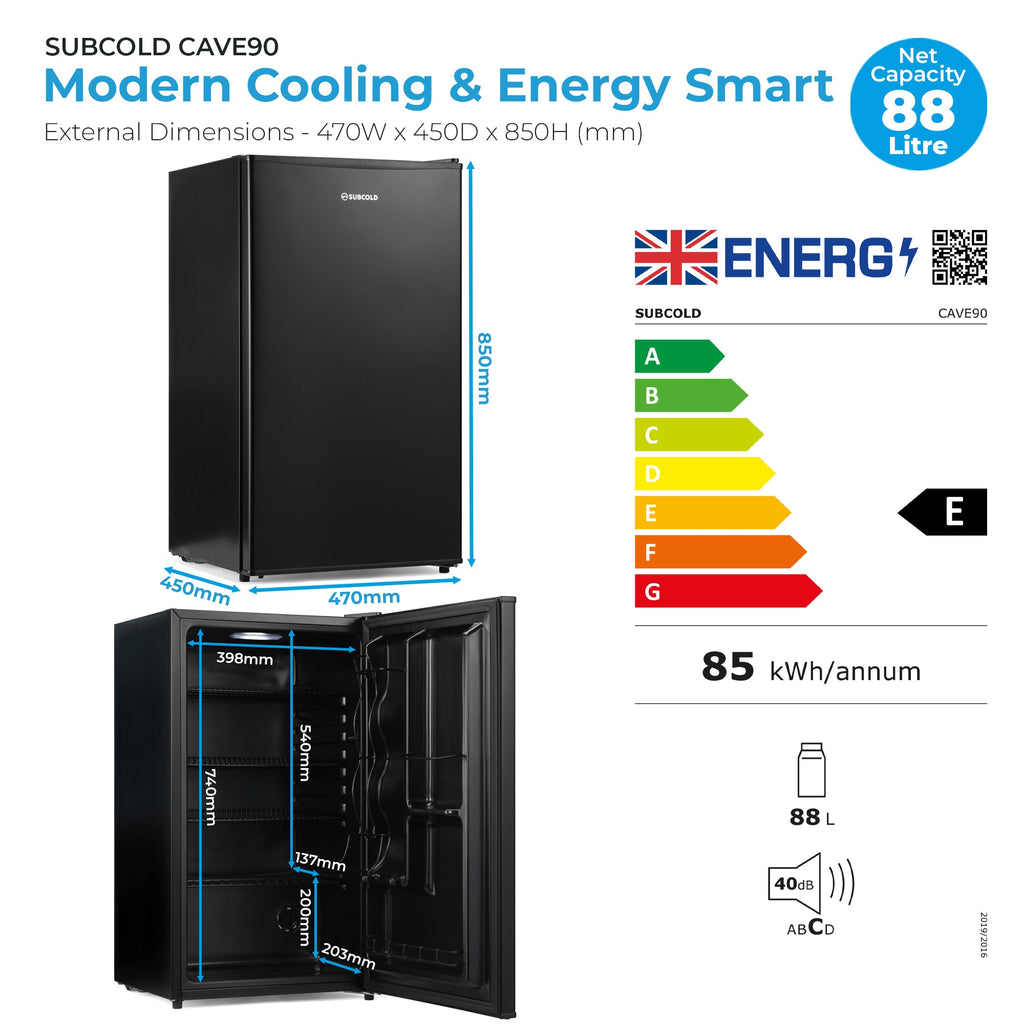 Black beer fridge energy and capacity label with dimension diagrams