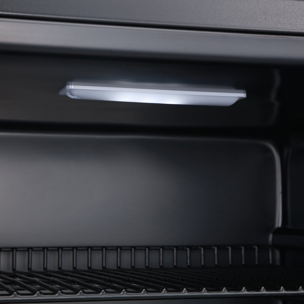 Black beer fridge interior LED light above wire rack