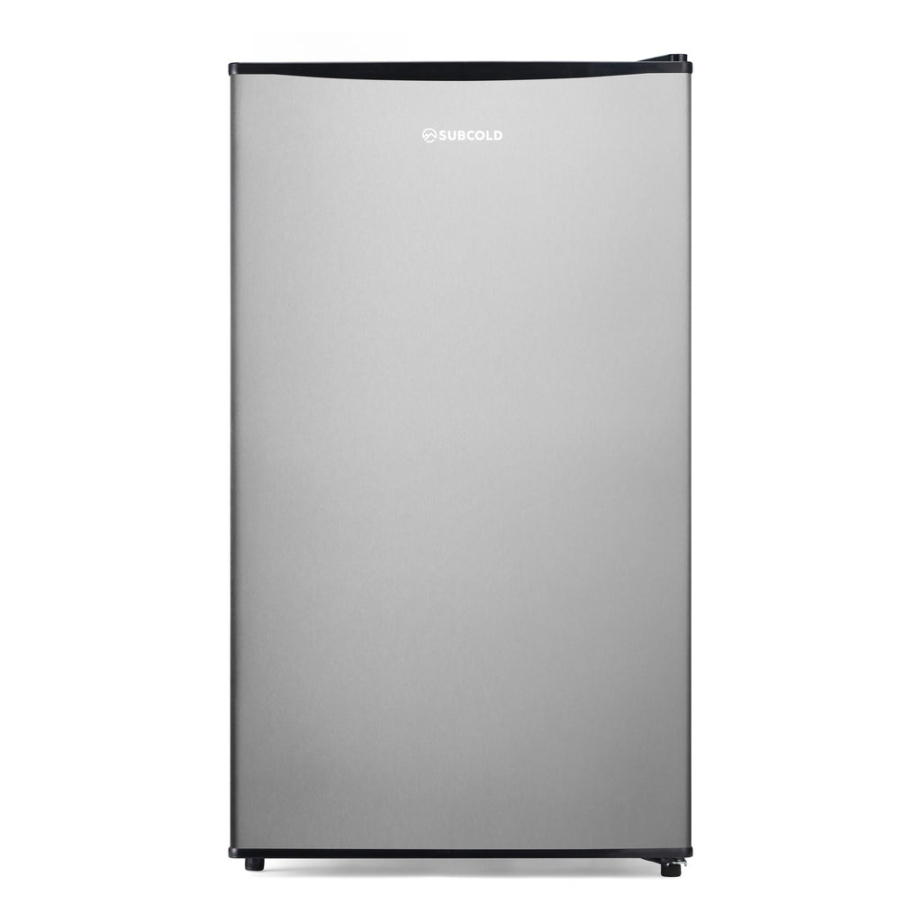 Stainless steel beer fridge with solid closed door, standing upright
