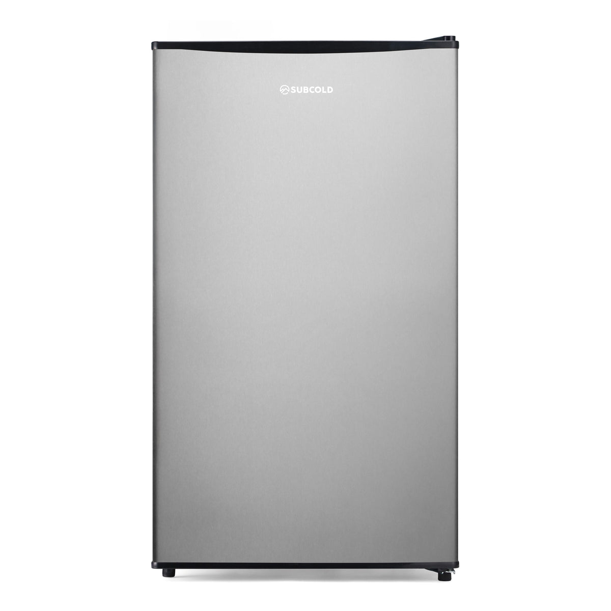Stainless steel beer fridge with solid closed door, standing upright