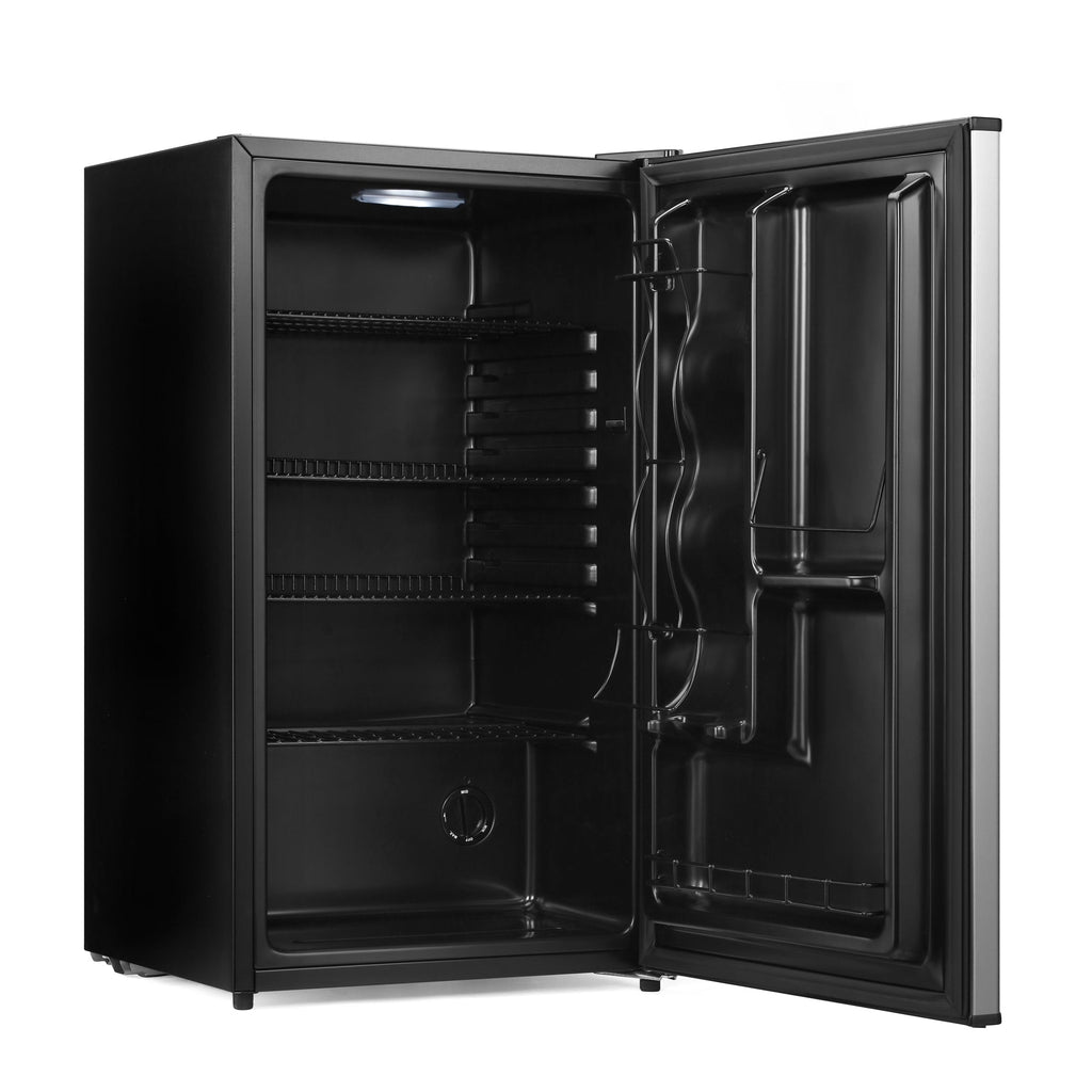 Black beer fridge with open solid door and visible interior shelves