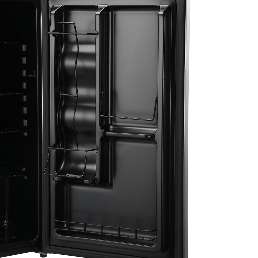 Black beer fridge with door open, showing interior compartments