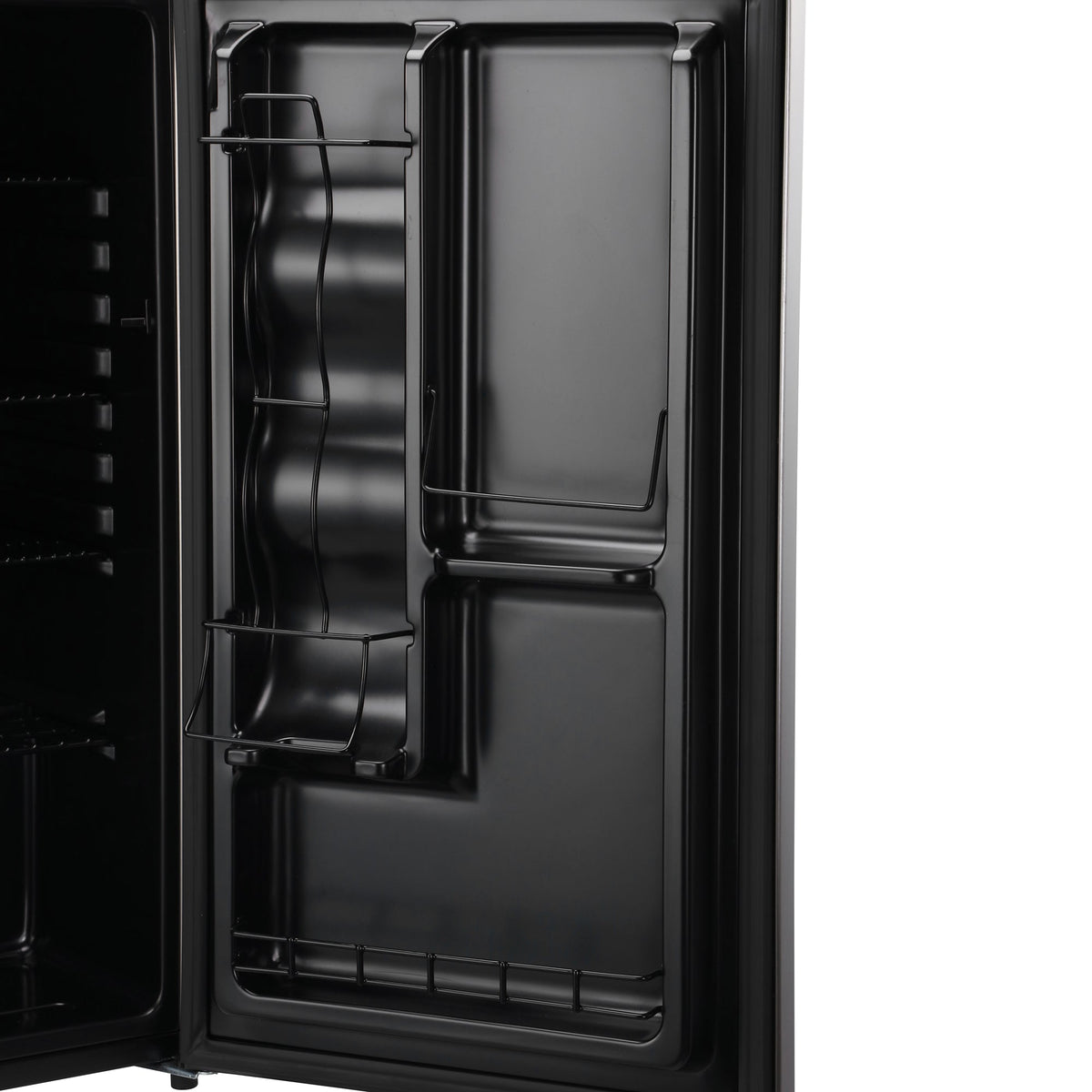 Black beer fridge with door open, showing interior compartments