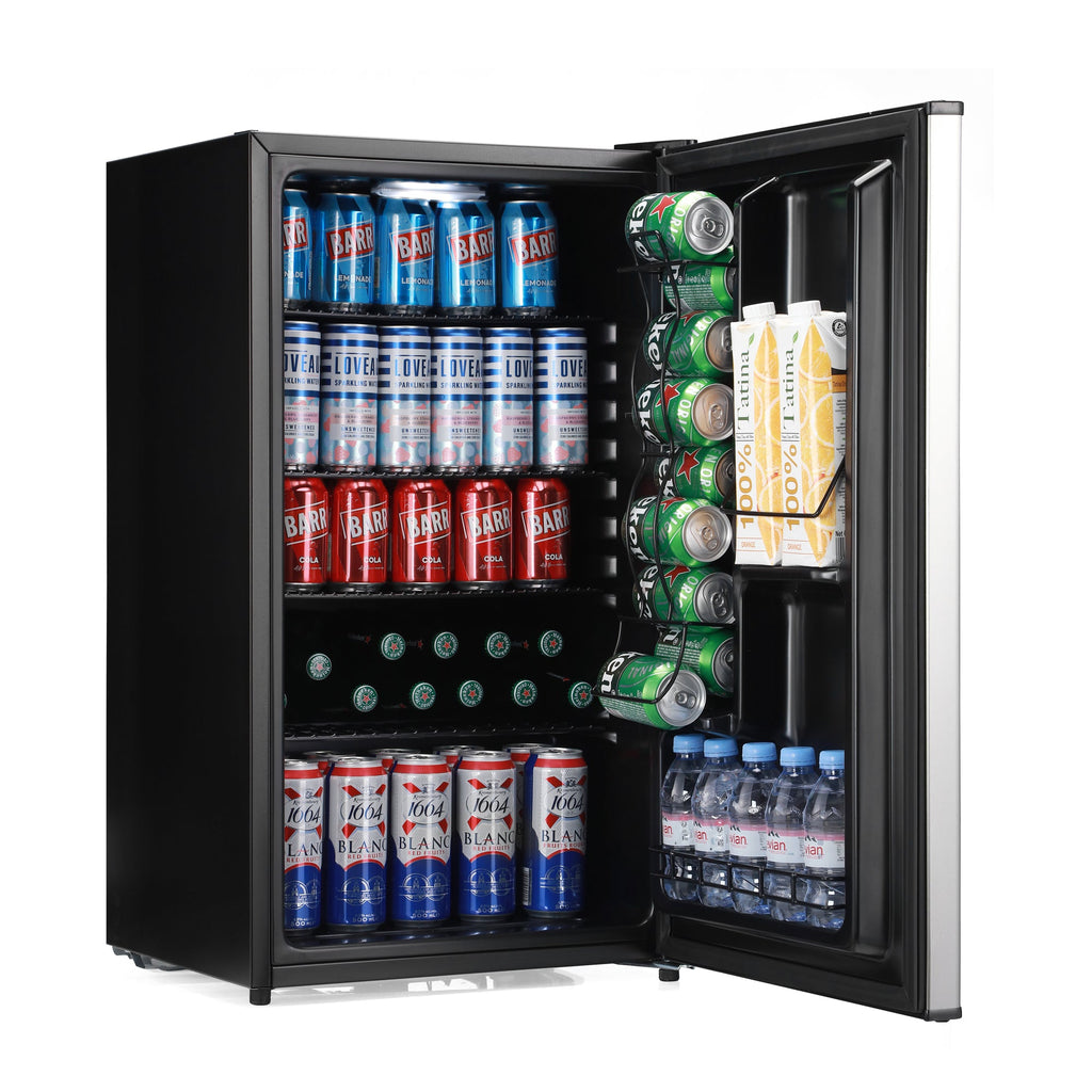 Black beer fridge with solid door open, filled with cans and bottles