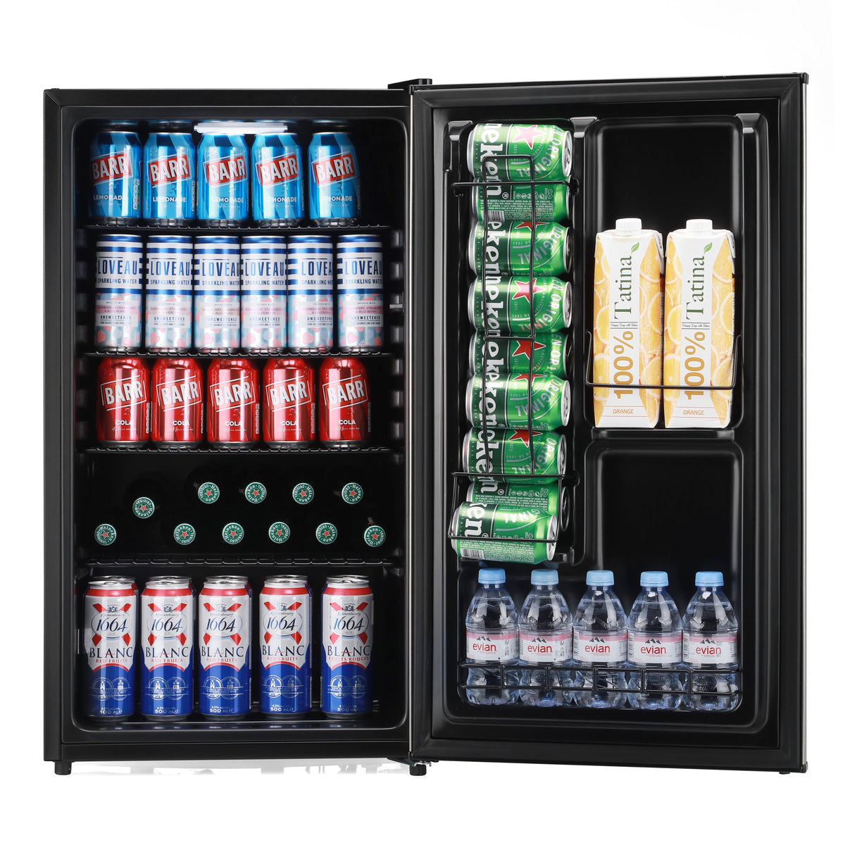 Black beer fridge with open door, stocked with cans and bottles