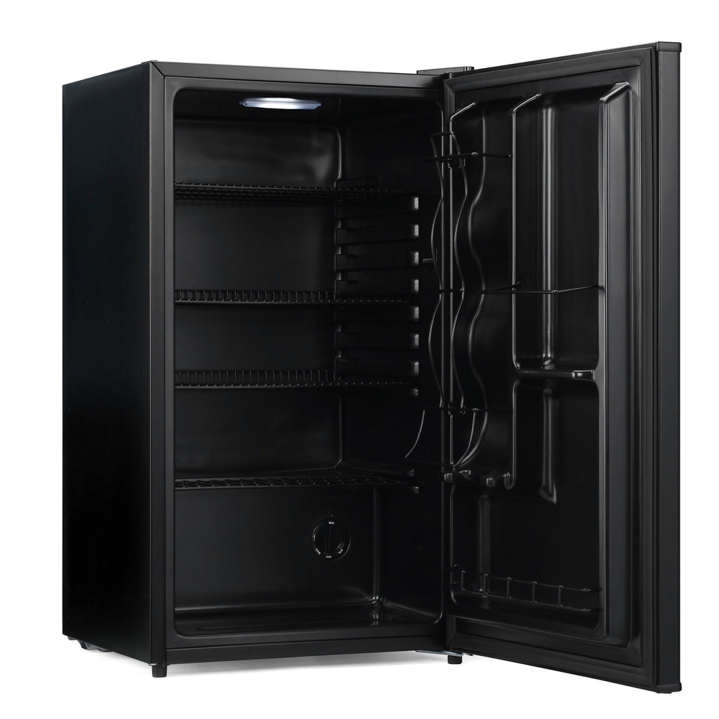 Black beer fridge open door with interior racks and wiring channels