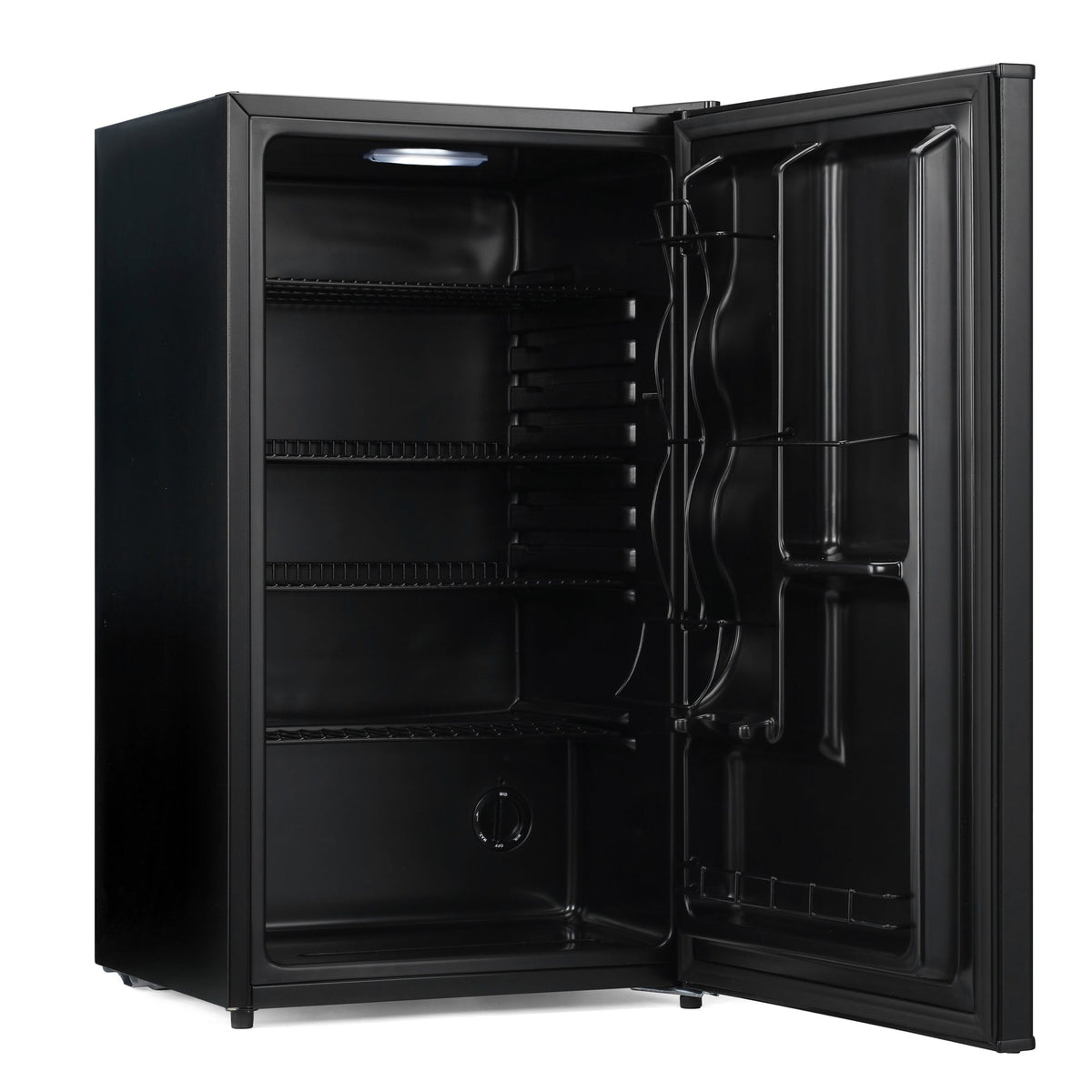 Black beer fridge open door with interior racks and wiring channels