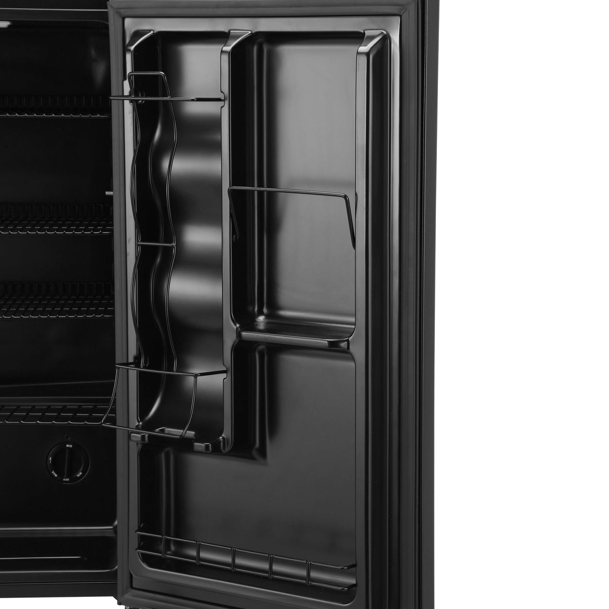 Open black beer fridge door showing interior shelves and storage racks