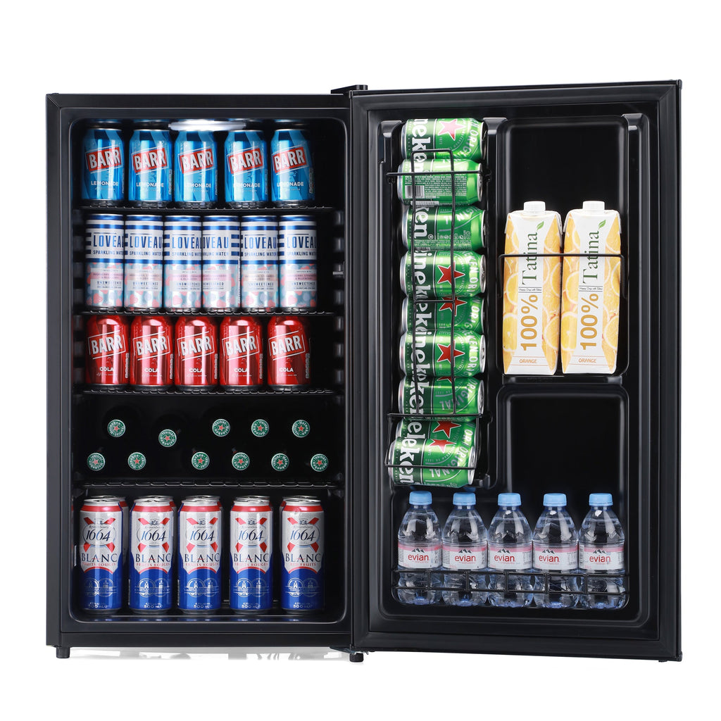 Black beer fridge open, packed with cans, bottles, and snack boxes