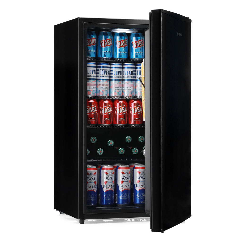 Black beer fridge with open door, interior shelves and cans inside