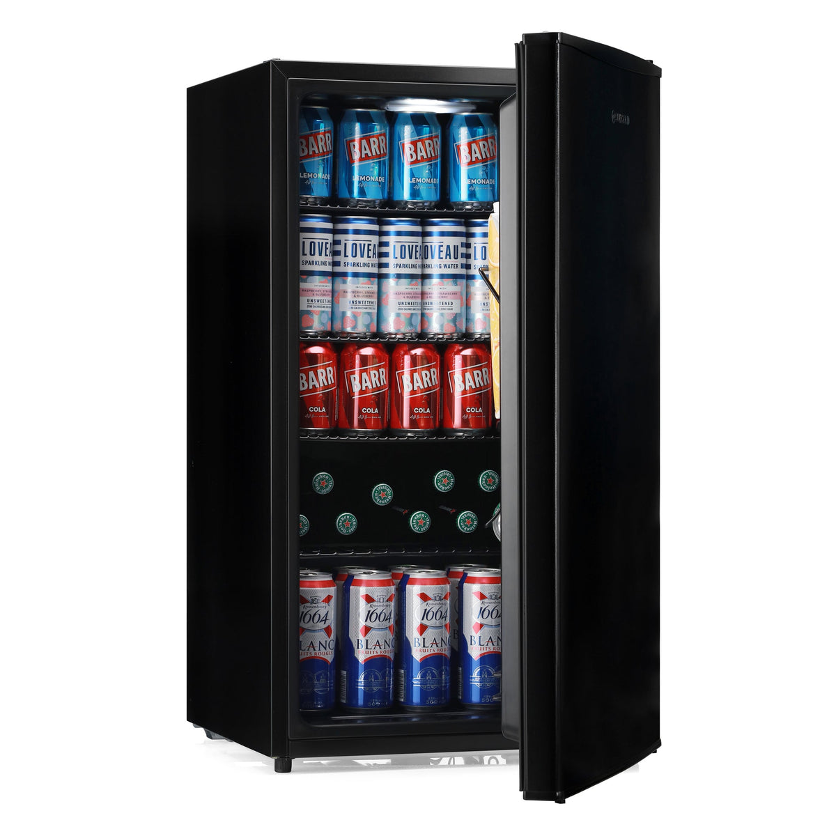 Black beer fridge with open door, interior shelves and cans inside