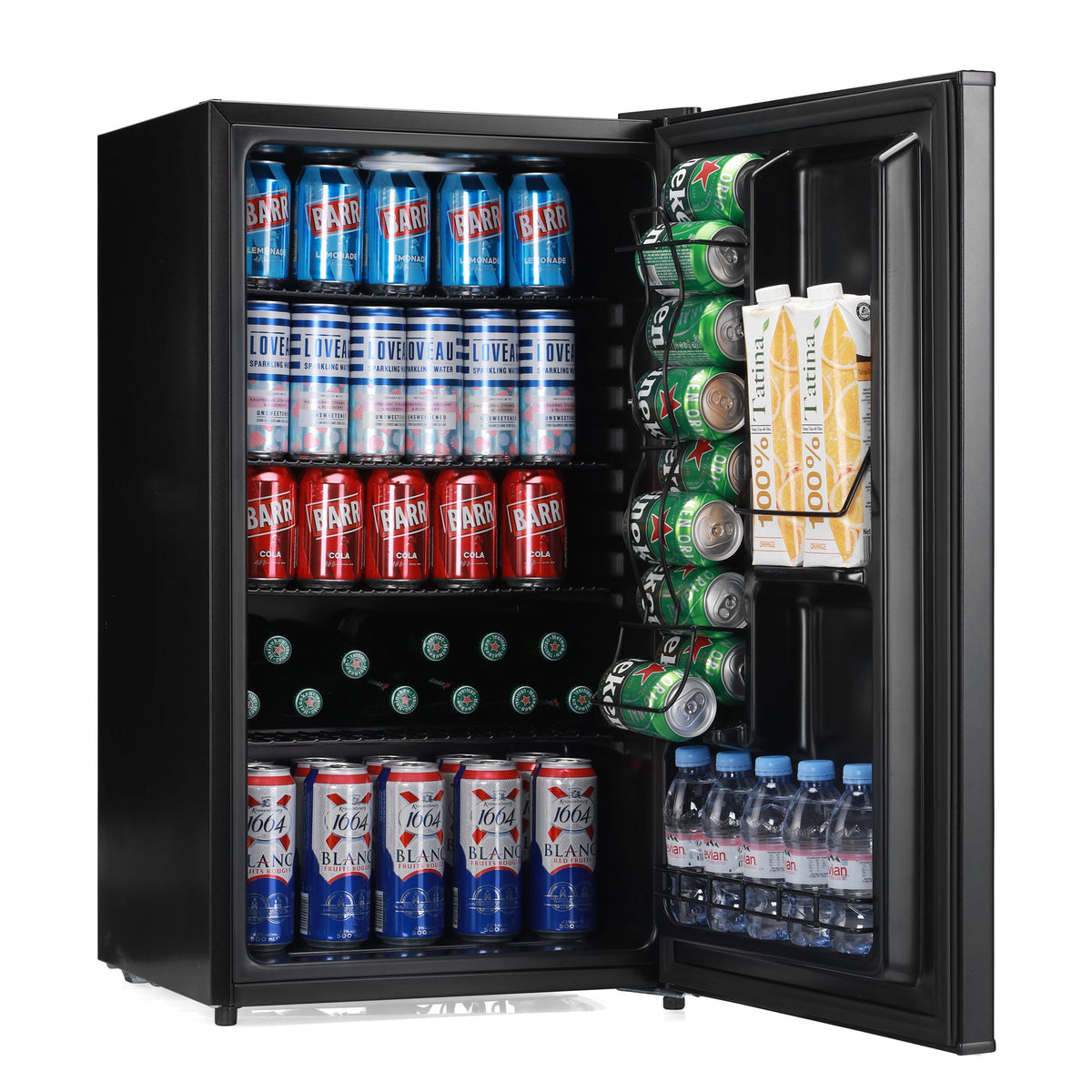Black beer fridge open, showing shelves with cans and boxed drinks