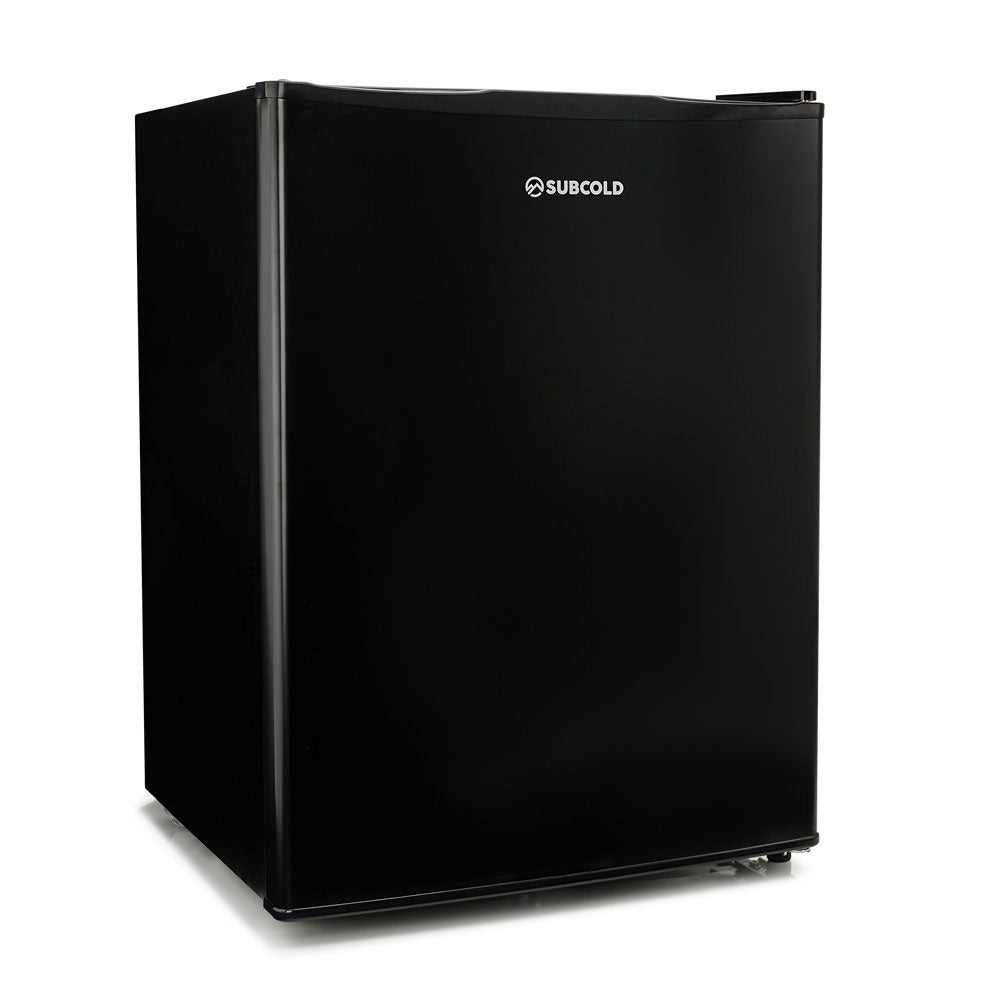 Black compact beer fridge with solid door and side handle