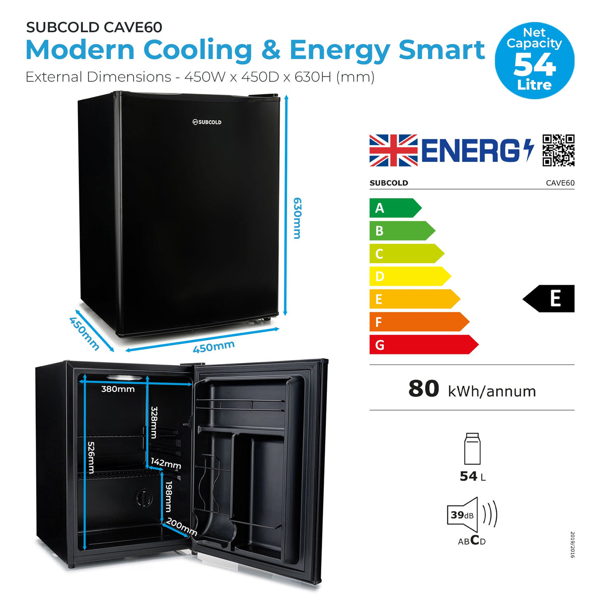 Black Subcold CAVE60 beer fridge spec diagram with capacity and dimensions