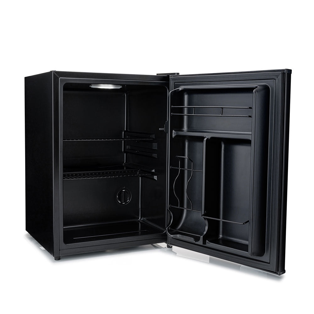 Black beer fridge with door open, interior storage shelves and compartments