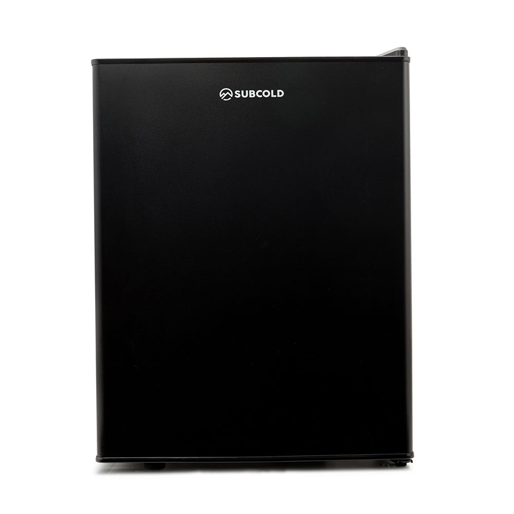 Black compact beer fridge, front view with SUBCOLD logo on solid door