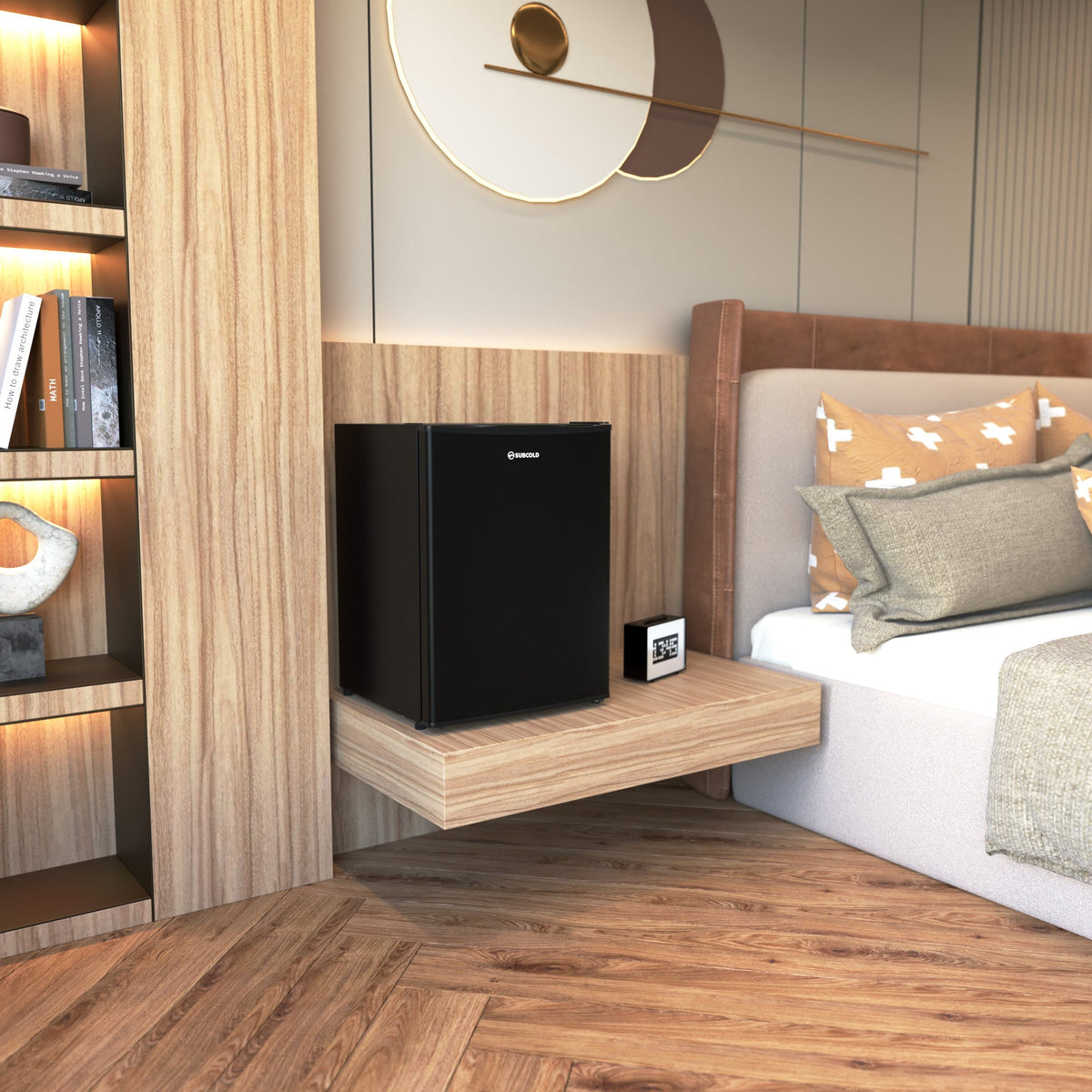 Black solid-door beer fridge on a wooden platform in a living space