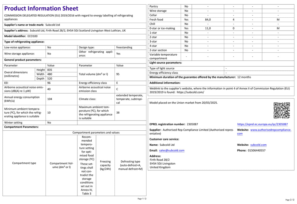 Under-counter LED fridge product information sheet with technical specification table