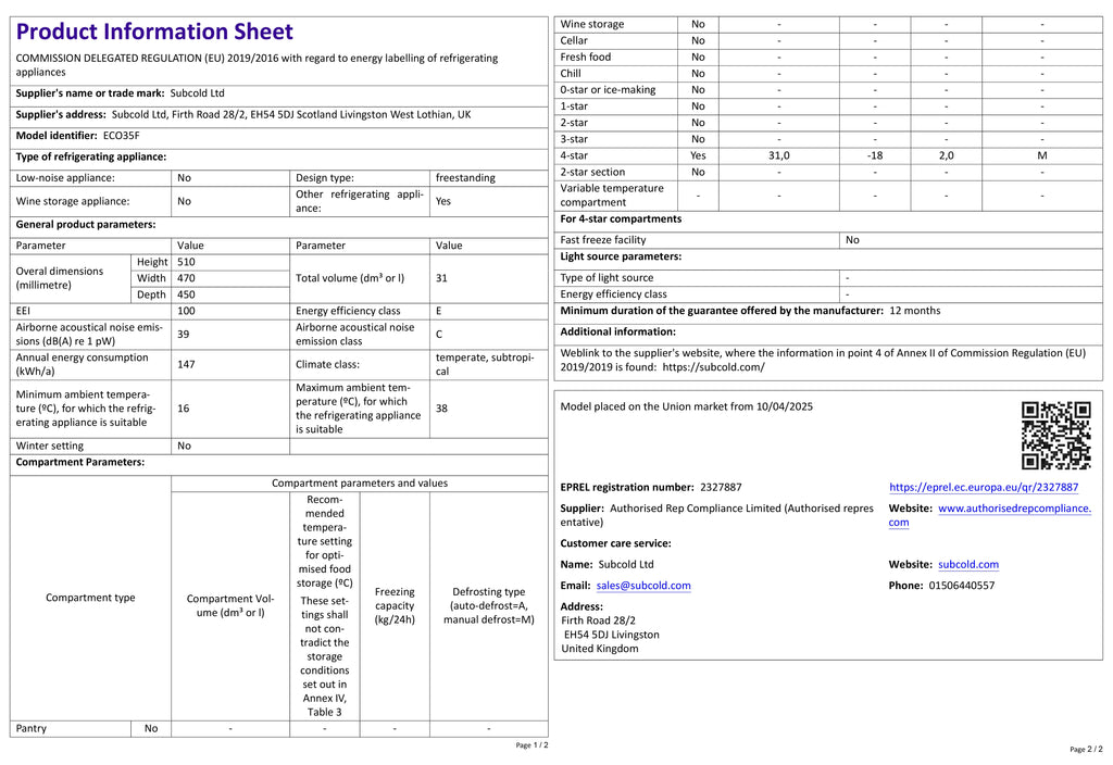 Product information sheet with specifications table and QR code