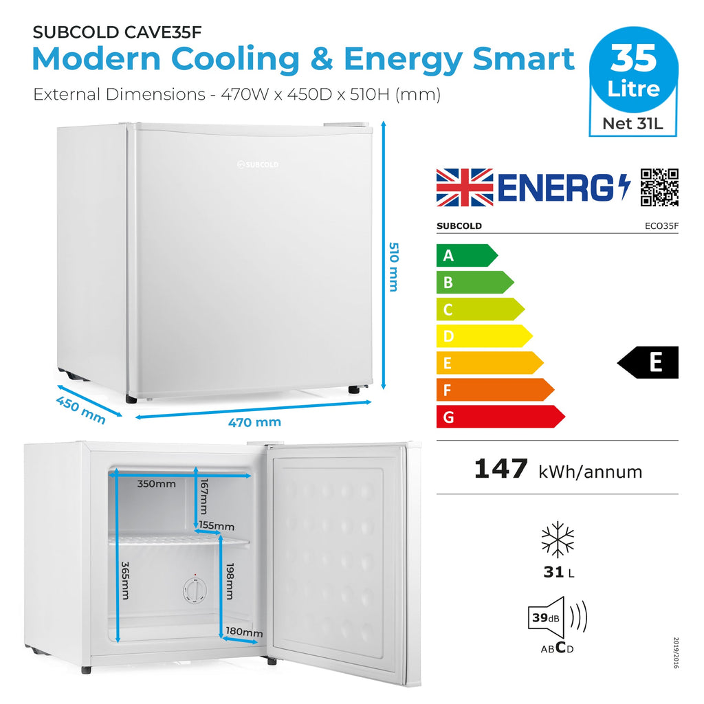 White mini freezer energy and capacity infographic with temperature control range