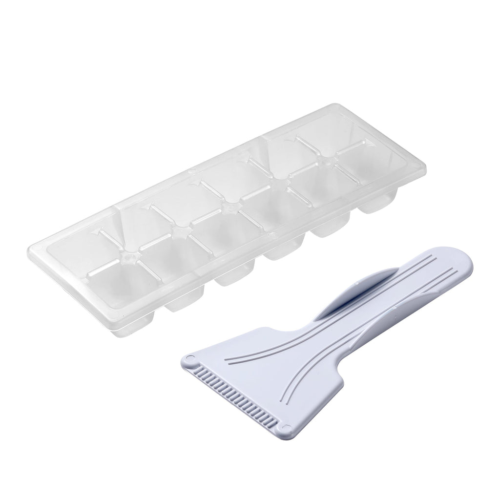 Mini freezer ice tray and gray scraper with ribbed edge, clear plastic tray